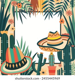 Cinco De Mayo Frame Background with Cowboy Hat Cactus Decoration and Copy Space