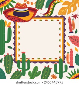 Cinco De Mayo Frame Background with Cowboy Hat Cactus Decoration and Copy Space