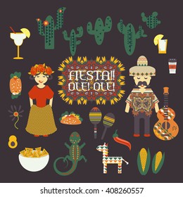 Cinco de Mayo fun holiday vector illustration. Traditional Mexican symbols, national elements - guitar, sombrero, chili pepper, shot drink tequila, taco, maracas, pinata, cactus Travel to Mexico icons
