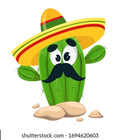 Cinco De Mayo. Funny cactus in sombrero. Cactus with mustache, cartoon character. Vector illustration