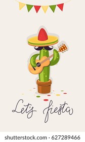 Cinco de mayo. Funny cartoon cactus with hat and guitar isolated on white background. Let's fiesta! Vector illustration.