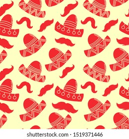 Cinco de mayo funny festive accessory and wearing sombrero or mexican hat. Latin american celebration of 5th of May with flags and flowers, cactus. Festive Mexican seamless vector pattern