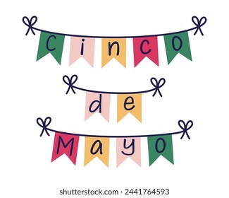 Guirnalda del Cinco de Mayo, ilustración vectorial. Banderas coloridas colgando de la cuerda con los arcos atados. Decoración de papel mexicano festivo. Banner tradicional para fiesta nacional, carnaval, fiesta, fiesta