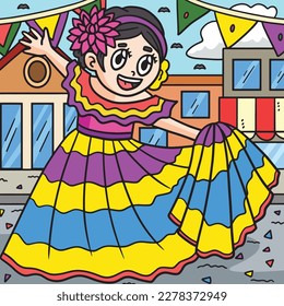 Cinco de Mayo Girl Dancing Colored Cartoon 