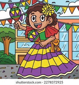 Cinco de Mayo Girl Playing Maracas Colored Cartoon