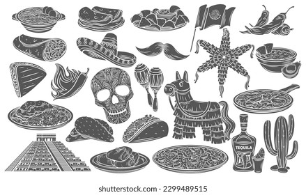 Cinco iconos de glifo de mayo configuran ilustración vectorial. Sellos de la colección de símbolos culturales mexicanos, decoración de papel recortado para fiestas y fiestas, comida mexicana y monumento de ziggurat, bandera de México