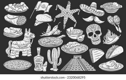 Cinco de mayo glyph icons set. Mexican food and ziggurat landmark, flag of Mexico vector illustration. Stamps of Mexican culture symbols, cutout paper decoration for party and fiesta.