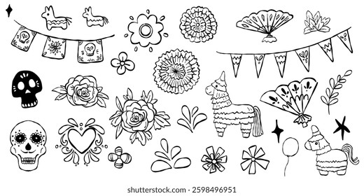 Cinco de mayo Graphic elements black and white line art