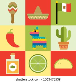 Cinco De Mayo graphic icon set. Cute, fun and colorful design assets.
