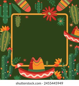 Fondo de marco verde de Cinco de Mayo con decoración y Espacio para texto de cactus de sombrero de vaquero