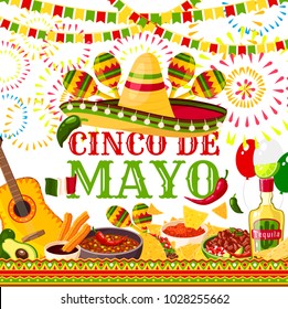 Cinco de Mayo greeting card for Mexican holiday or fiesta party celebration of jalapeno pepper, sombrero and tequila or maracas. Vector traditional Cinco De Mayo holiday Mexican food and flag symbols