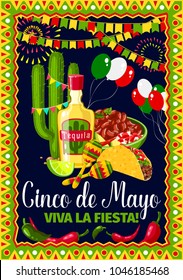 Cinco de Mayo greeting card for Mexican holiday fiesta celebration. Vector design of traditional Mexico symbols of jalapeno pepper and cactus tequila, tacos and balloons for Cinco de Mayo party