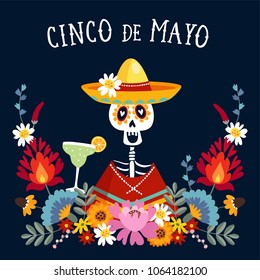 Cinco de Mayo greeting card, invitation with Mexican skeleton with sombrero hat drinking margarita cocktail, chili peppers and decorative folklore flowers. Ornamental floral frame pattern, flat design