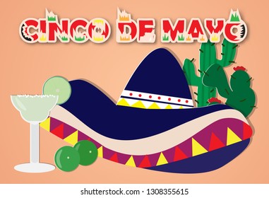 Cinco de mayo greeting card with margarita,cactus and sombrero,vector illustration paper art style.