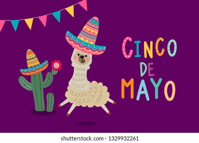 Cinco de mayo greeting card with cute alpaca and cactus. Animal holiday cartoon character. 