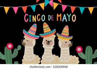 Cinco de mayo greeting card with cute alpaca and cactus. Animal holiday cartoon character. 