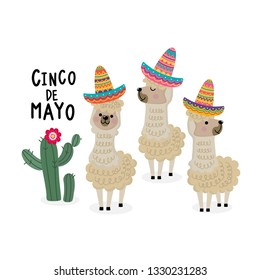 Cinco de mayo greeting card with cute alpaca and cactus. Animal holiday cartoon character. 