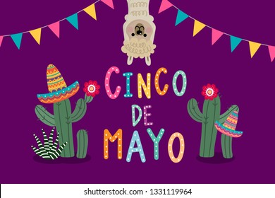 Cinco de mayo greeting card with cute alpaca and cactus. Animal holiday cartoon character. 