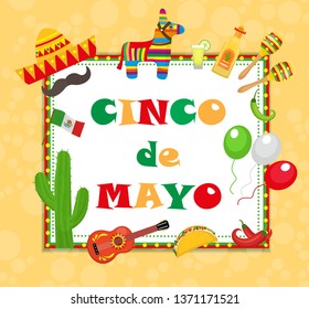 Cinco de Mayo greeting card, template for flyer, poster, invitation. Mexican celebration with traditional symbols. Vector illustration