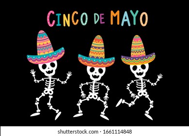 Cinco de mayo greeting card with cute skeleton and colourful hat. Holiday cartoon character. -Vector