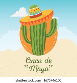 cinco de mayo greeting card cactus with hat mexican celebration vector illustration