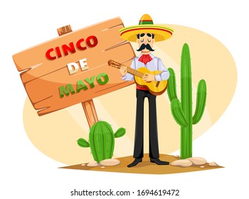 Cinco De Mayo greeting card with Mexican man in sombrero playing the guitar. Funny cartoon character. Vector illustration