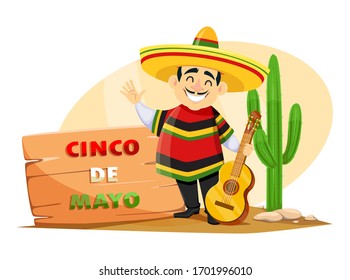 Cinco De Mayo greeting card with cheerful Mexican man in sombrero holding guitar. Funny cartoon character. Vector illustration