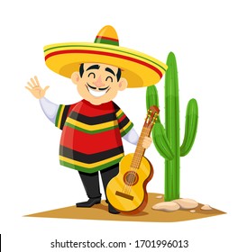 Cinco De Mayo greeting card with cheerful Mexican man in sombrero holding guitar. Funny cartoon character. Vector illustration on white background