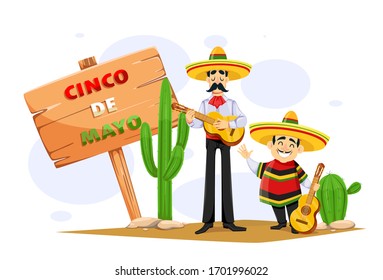 Cinco De Mayo greeting card with two cheerful Mexican men in sombrero and with guitar. Funny cartoon characters. Vector illustration 