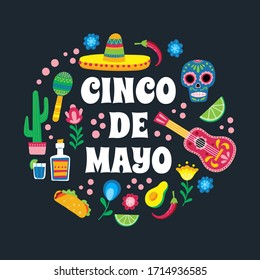 Cinco de Mayo. Greeting card with mexican elements and text. Trendy abstract square art template. Suitable for social media posts, mobile apps, banners design and web. Vector background.