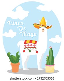 Cinco de mayo greeting card with cute llama wearing a sombrero. Vector hand drawn illustration.