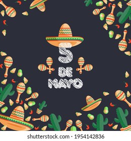 cinco de mayo greeting card with hat, cactus, chilies, avocado, maracas, and taco seamless