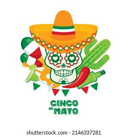 Tarjeta de saludo Cinco de Mayo con cráneo decorativo de azúcar con portador de icono de sombrero sombrero con sombrero mexicano. vector conjunto de iconos de la cultura mexicana. Afiche del Cinco de Mayo, 5 de mayo. Día importante