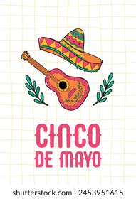 cinco de mayo greeting card decorated with lettering quote and doodles. good for posters, invitations, prints, banners, templates. EPS 10