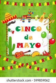 Cinco de Mayo greeting card, template for flyer, poster, invitation. Mexican celebration with traditional symbols. Vector illustration