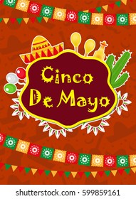 Cinco de Mayo greeting card, template for flyer, poster, invitation. Mexican celebration with traditional symbols. Vector illustration