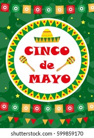 Cinco de Mayo greeting card, template for flyer, poster, invitation. Mexican celebration with traditional symbols. Vector illustration