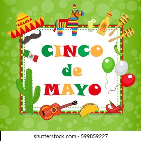 Cinco de Mayo greeting card, template for flyer, poster, invitation. Mexican celebration with traditional symbols. Vector illustration