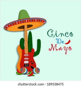 Cinco De Mayo greeting with maracas, Sombrero,jalapeno,Cactus,guitar for Mexicans celebration  (Happy 5th of May).Eps 10