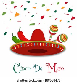 Cinco De Mayo greeting with maracas, Sombrero,jalapeno for Mexicans celebration  (Happy 5th of May).Eps 10