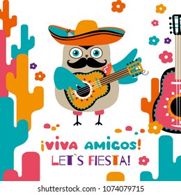 Cinco de Mayo greeting postcard. Cartoon owl in mexican sombrero