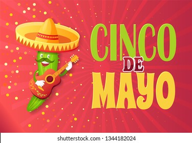 Cinco de mayo greeting poster vector, funny cucumber character playing acoustic guitar floral elements wearing sombrero. Hispanic holiday, latin america