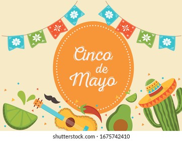 cinco de mayo guitar cactus hat avocado lemon mexican celebration banner vector illustration