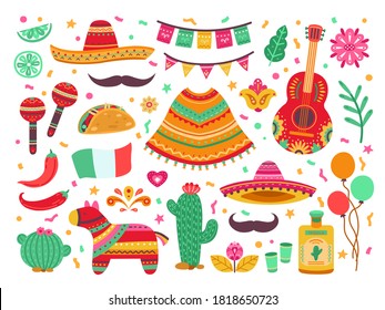 Cinco de mayo. Guitar party, isolated mexican fiesta decoration. Sombrero cactus, latin birthday fest elements, spanish pinata vector set