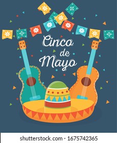 cinco de mayo Gitarren und Hut Pennants mexican festival Vektorillustration Illustration