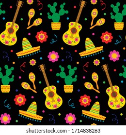 cinco de mayo guitars maracas sombrero seamless vector pattern