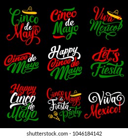 Cinco de Mayo hand drawn calligraphy lettering for mexican holiday greeting card. Cinco de Mayo fiesta party greetings with sombrero and maracas for Puebla Battle anniversary celebration design