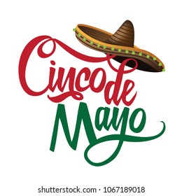 Cinco de Mayo hand drawn lettering with festive straw sombrero. For celebration on the fifth (cinco) day of May (Mayo). EPS10 vector illustration.