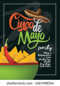 Cinco de Mayo hand drawn lettering with festive straw sombrero party background. For celebration on the fifth (cinco) day of May (Mayo). EPS10 vector illustration.