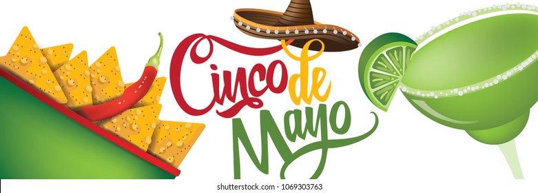 Cinco de Mayo hand drawn lettering with festive straw sombrero party banner.  EPS10 vector illustration.